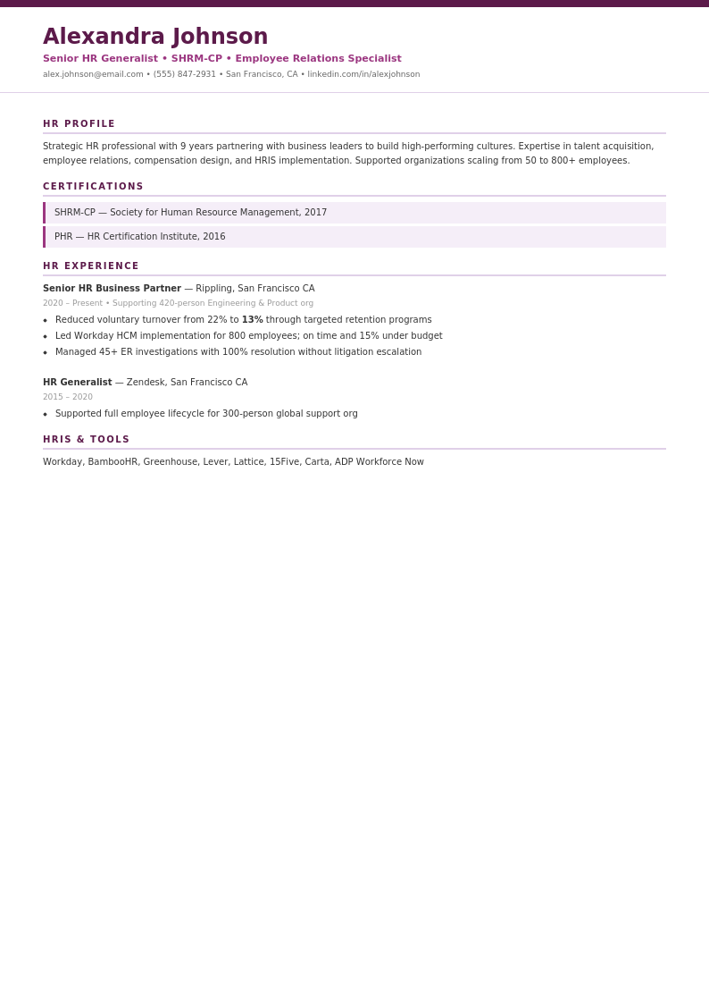 HR Generalist resume template example